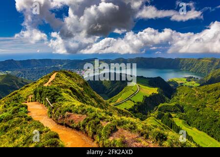 View of Sete Cidades near Miradouro da Grota do Inferno viewpoint, Sao Miguel Island, Azores, Portugal. Grota do Inferno viewpoint at Sete Cidades on Stock Photo