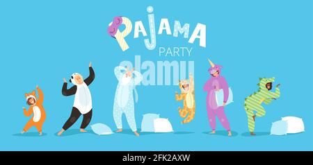 Pyjamas people. Funny characters kids female and male in cute night clothes colored costumes vector pyjamas textile Stock Vector