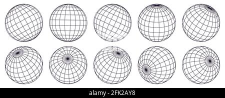 Globe grid spheres. Striped 3D spheres, geometry globe grid, earth latitude and longitude line grid vector symbols set. Spherical grid globe shapes Stock Vector