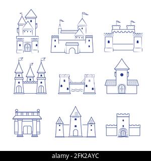 Castles. Medieval old buildings ancient old tower architecture vector line drawn pictures collection Stock Vector