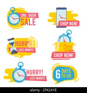 Countdown badges. Promotional hot offers fast sales fire emblem big deals vector marketing stickers collection Stock Vector