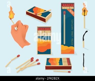 Burning matches. Safety packages for matchstick wooden stick flame symbols vector illustration in cartoon style Stock Vector
