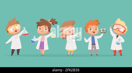 Chemistry kids. Science children school characters in lab vector cartoon people Stock Vector