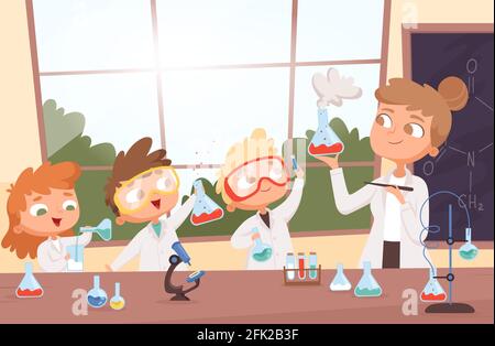 Chemistry lesson. Little science kids boys and girls making researching tests in school lab vector background illustration cartoon Stock Vector