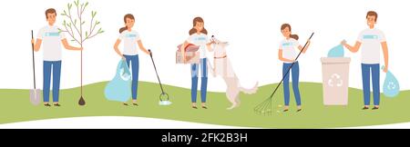 Volunteers people. Adults and kids cleaning weather caring nature and homeless social works vector characters Stock Vector