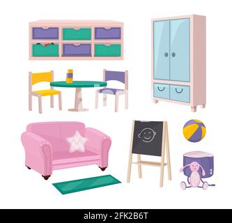 Kindergarten furniture. Playroom items toys chairs boards desks and beads for kids education preschool objects vector cartoon set Stock Vector