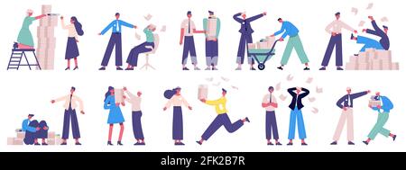 Angry bosses. Office business team adverse atmosphere, unorganised, lazy workers and angry boss vector illustration set. Business workers subordinate Stock Vector
