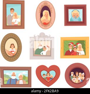 Family portraits. Photos of kids and parents mother father and grandparents happy smile faces vector collection set Stock Vector