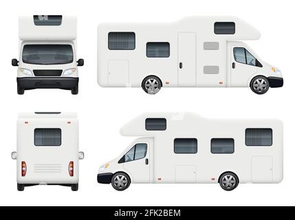 Rv camper. Realistic family camping trailer for travelling and have a rest car back top and front sides view vector set Stock Vector