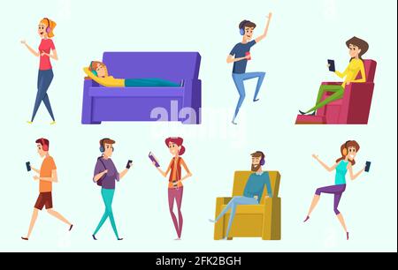 Relaxing characters. Peoples listening music in headphones laying male and female persons vector Stock Vector