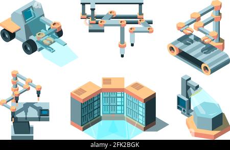 Smart industry isometric. Machine future robotic technologies computing 3d remote production vector pictures set Stock Vector
