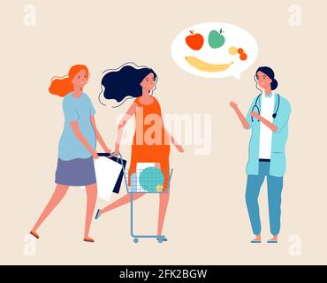 Healthy lifestyle. Nutritionist, pregnant women with food. Expectant mothers with shopping. Doctor talks about healthy food. Maternity and health Stock Vector