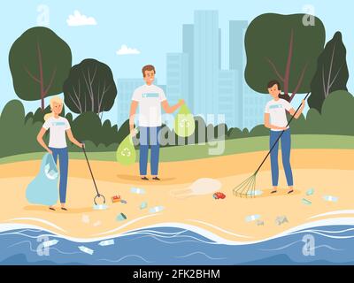Volunteers working. People social work together team of characters protect nature garbage processing in park vector background Stock Vector