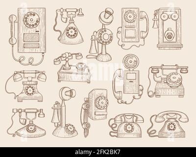 Old telephone. Retro gadgets communication phones vector collection Stock Vector