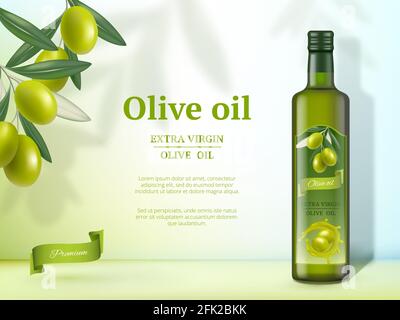 Olive ads. Oil for cooking food natural healthy gourmet product vector promotional banner with glass bottles Stock Vector