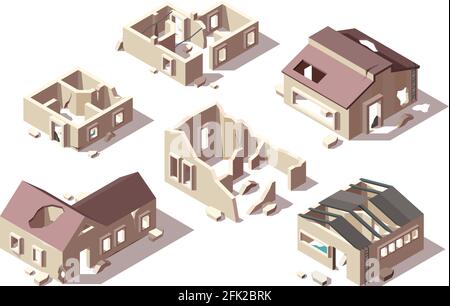Abandoned buildings. Isometric broken houses city ruined objects vector architectural objects set Stock Vector