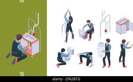 Plumbing service. Install pipelines fixing and repair bathroom toilet vector isometric illustrations Stock Vector