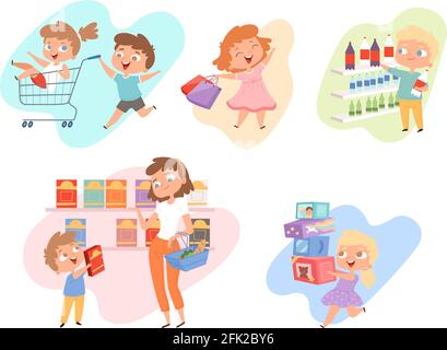Kids shopping. Children playing in grocery market fashioned family happy kids vector Stock Vector