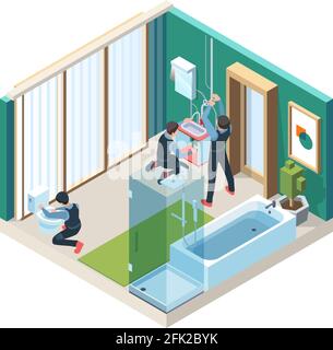 Repair bathroom. Plumber workers install pipelines in washing room vector concept pictures isometric Stock Vector
