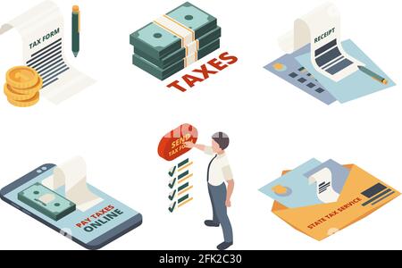 Tax payment isometric. Legal service online invoice accountant declaration tax return vector concept pictures Stock Vector