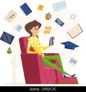 Online education. Character listen headset music reading audio books university studies vector concept Stock Vector