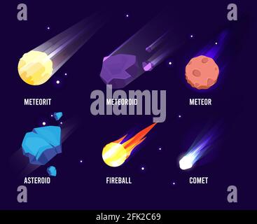 Space objects. Glowing universe astronomy set meteor asteroid vector comets collection in cartoon style Stock Vector