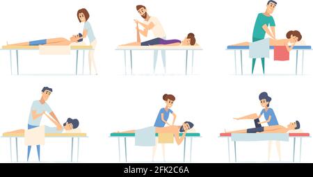 Massage therapy. Spa relax physiotherapy procedure remedial massage injury sport stretching doctor vector cartoon illustrations Stock Vector