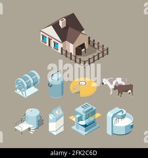 Milk food factory. Dairy healthy farm products cheese milk yogurt production technology vector isometric Stock Vector
