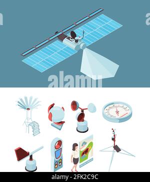 Weather equipment. Meteorological station satellite measurement socks wind observing place Stock Vector