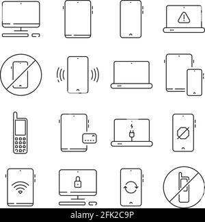 Mobile devices. Mobility equipment electronic gadgets vector collection set thin line icon Stock Vector