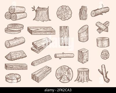 Wooden trunks. Vintage drawn lumber stacked oak wooden old plants chopping vector sketch set Stock Vector
