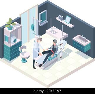 Patient in hospital. Emergency first injury room health adults persons nurse and doctors vector medical illustration isometric interior Stock Vector