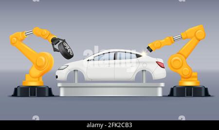 Industry conveyor. Vehicle production manufacturing processes robotic arms helping car production vector automotive works Stock Vector
