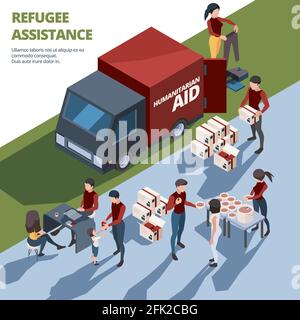 Volunteer working. Caring team helping to homeless persons social donation aid elderly van with cargo packages vector isometric Stock Vector