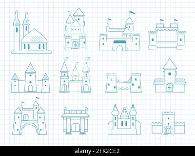 Drawn castles. Gothic medieval royal architectural objects with towers historic fairytale romantic doodle vector castles set Stock Vector