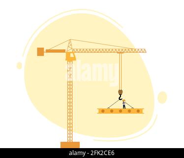 concept of building house, business or website. Tower crane lowers down block on hook. Vector illustration on yellow background. Stock Vector