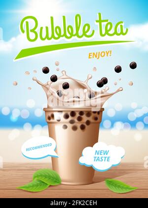 Bubble tea poster. Flowing milk delicious tapioca drinks with splashes promotional placard vector Stock Vector