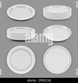 Ceramic plates. Realistic dishes for food kitchen utensils bowls and plates different corners view vector mockup Stock Vector