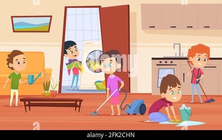 Housework with parents. Family couple mother father and kids making cleaning in house wash furniture brooming floor vector characters Stock Vector