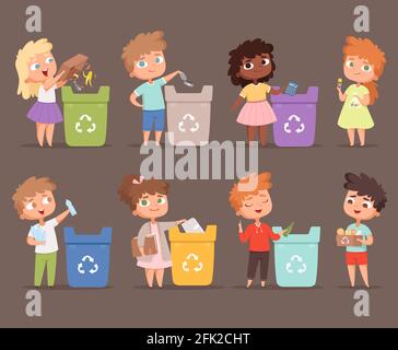 Garbage recycling. Kids protect environment ecology concept save nature collecting paper in bins vector people Stock Vector