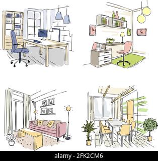 Drawn interiors. Bedroom living room offices in modern building workplace studio vector sketch Stock Vector