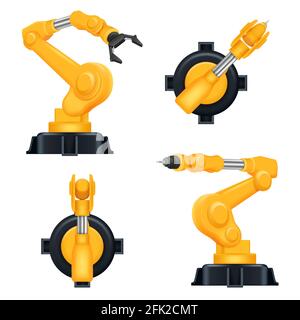 Robotic arms. Industrial machinery factory mechanic hydraulic crane for steel industry automation processes vector realistic robots Stock Vector