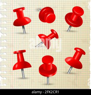 Red pins. Thumbtack push paper notes on board memo pins stationery items vector collection Stock Vector