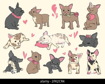 French bulldog puppy. Domestic pet playing sitting jumping hand drawn fashion sketch pictures Stock Vector