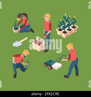 Farmers isometric. Gardeners people farmed professional outdoor working farm vector characters agriculture set Stock Vector