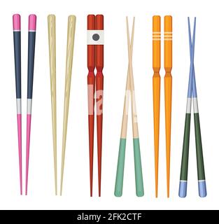 Japan stick. Colorful traditional utensils for eating japan food sushi wooden chopstick vector collection Stock Vector