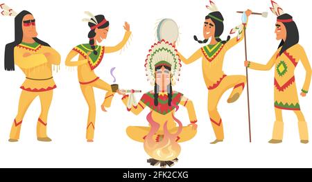 American native indians. Shaman and fire, ritual dancing people. Indian warriors vector illustration Stock Vector