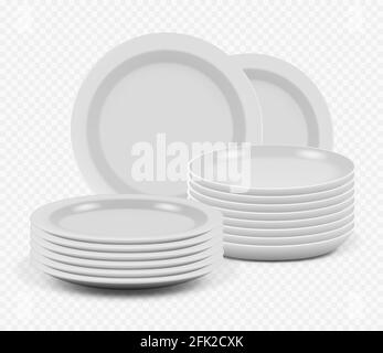 Stack plates. Kitchenware ceramic dishes for cooking mockup plates and bowls vector realistic Stock Vector