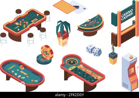 Casino isometric. Poker gambling table gaming nightclub cards room vector gammers people Stock Vector