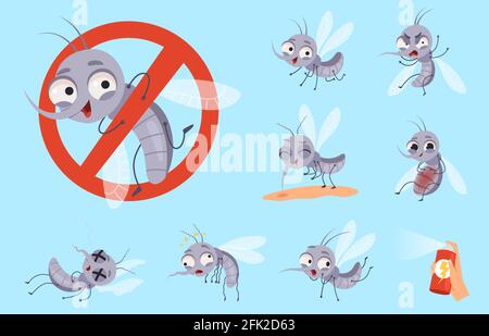 Dangerous mosquito. Bugs and warning flyings animals mosquito aid vector cartoon set Stock Vector